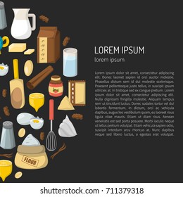 Vector cartoon illustration with baking ingredients. Cooking ingredients background. Vector cartoon kitchen culinary food elements for cooking. Cartoon pastry preparation vector ingredients