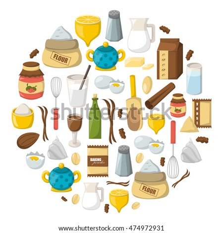 Vector cartoon illustration with baking ingredients. Cooking ingredients background. Vector cartoon kitchen culinary food elements for cooking. Cartoon pastry preparation vector ingredients