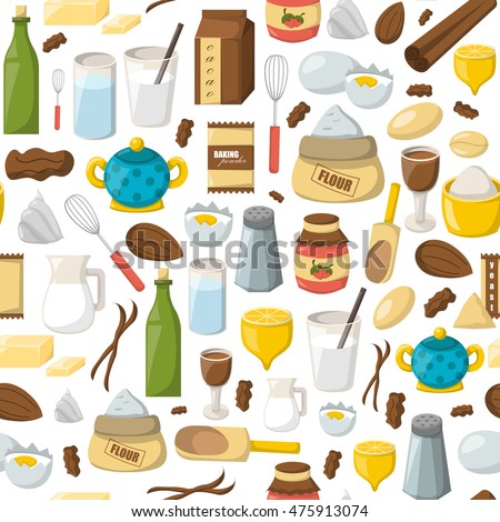 Vector cartoon illustration with baking ingredients. Cooking ingredients background. Vector cartoon kitchen culinary food elements for cooking. Cartoon pastry preparation vector ingredients