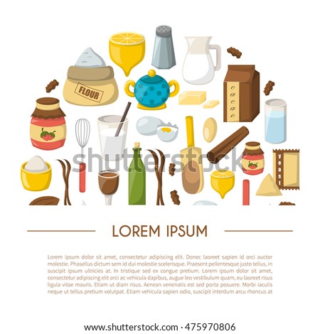 Vector cartoon illustration with baking ingredients. Cooking ingredients background. Vector cartoon kitchen culinary food elements for cooking. Cartoon pastry preparation vector ingredients