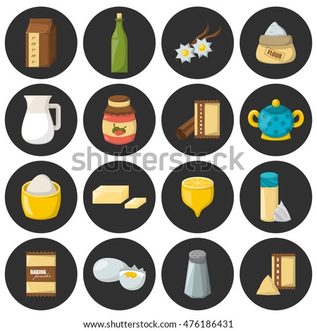 Vector cartoon illustration with baking ingredients. Cooking ingredients icons. Vector cartoon kitchen culinary food elements for cooking. Cartoon pastry preparation vector ingredients