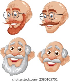 Vector cartoon illustration of a bald man with glasses, moustache, and beard
