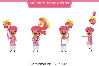 Vector Cartoon Illustration Of Balloon Seller Character Set On White Background.