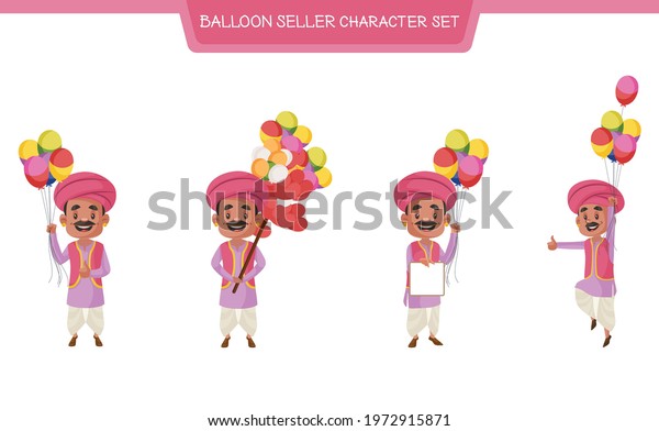 Vector cartoon illustration of balloon seller
character set on white
background.