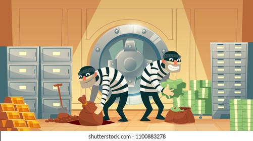 Vector cartoon illustration of bank robbery in safety vault. Two thieves stealing gold, cash, currency. Criminals throw money to undermining. Security concept, storage protection, business template