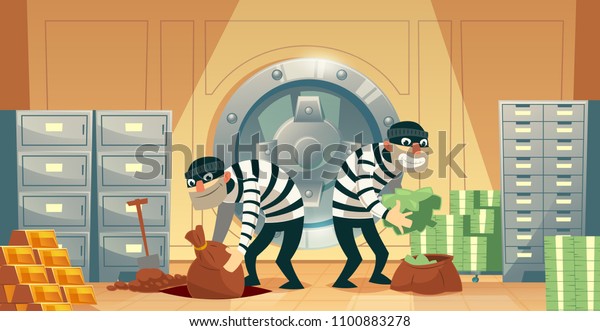 Vector cartoon illustration of bank robbery in\
safety vault. Two thieves stealing gold, cash, currency. Criminals\
throw money to undermining. Security concept, storage protection,\
business template