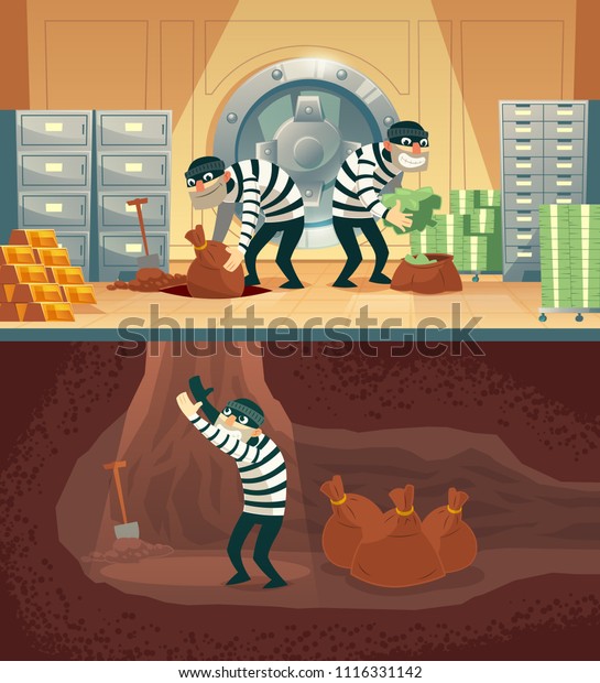 Vector cartoon illustration of bank robbery in\
safety vault. Three thieves stealing gold, cash and throwing bag,\
sack with currency into undermining. Storage security concept\
against criminals