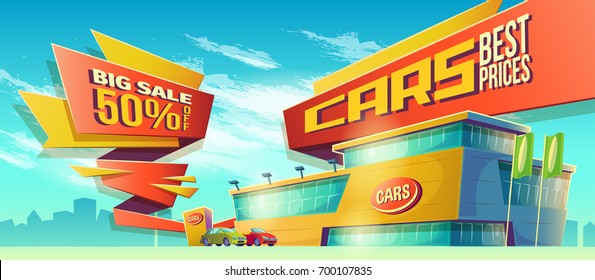 Vector Cartoon Illustration, Banner With Car Sale On Blue Background With City Silhouette. A Great Advertising Poster Of Sales, A Special Offer For The Car Dealership