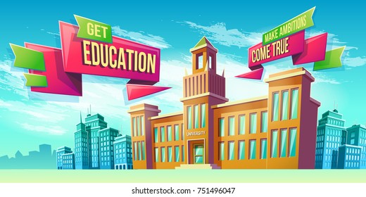 Vector cartoon illustration, banner, educational background with building educational institution and space for your text. Advertising poster, brochure, flyer for a prestigious university