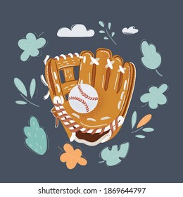 Vector cartoon illustration of baseball glove and ball on dark background.