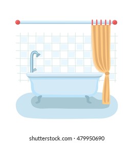 Vector cartoon illustration of bathroom interior in flat style with open shower curtain.
