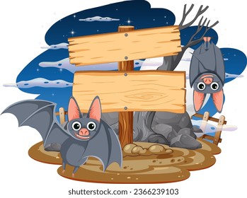 Vector cartoon illustration of bats in a bushy outdoor night scene