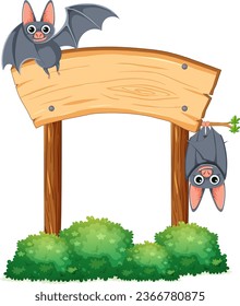 Vector cartoon illustration of bats flying and hanging on a wooden sign banner
