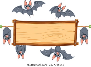 A vector cartoon illustration of bats on a wooden frame banner