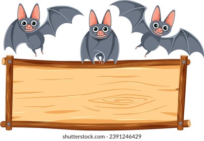 Vector cartoon illustration of bats perched on a wooden board frame