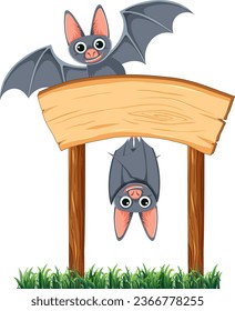 Vector cartoon illustration of bats in various poses near a wooden sign