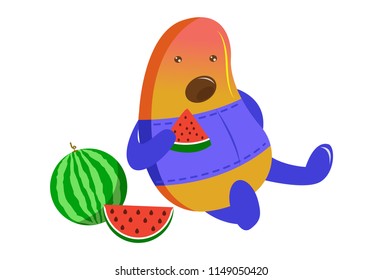 Vector cartoon illustration. Bean is eating watermelon and sitting on floor. Isolated on white background. 