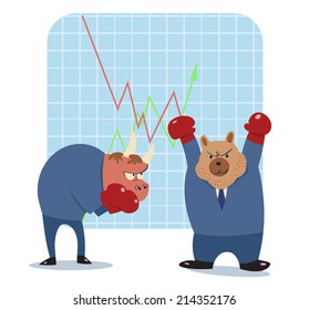 vector cartoon illustration of bear  and bull ready to fight in stock market  