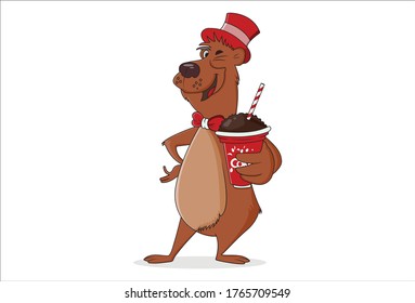 Vector cartoon illustration of bear with cold drink. Isolated on white background.