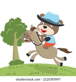 Vector cartoon illustration of bear the cowboy riding a brown horse, T-Shirt Design for children. Design elements for kids.