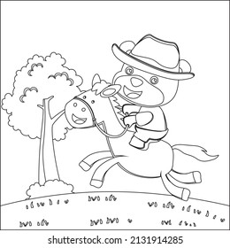 Vector cartoon illustration of bear the cowboy riding a brown horse, Trendy children graphic with Line Art Design Hand Drawing Sketch Vector illustration For Adult And Kids Coloring Book.