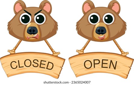 A vector cartoon illustration of a bear face on a closed and open sign banner