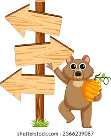 Vector cartoon illustration of a bear holding honey next to a wooden sign with a direction arrow
