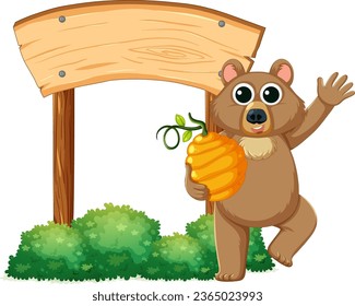 Vector cartoon illustration of a bear with honey next to a wooden banner