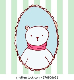 Vector cartoon illustration with bear portrait in frame in pastel colors 