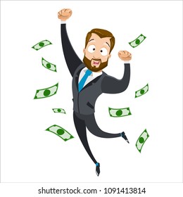 Vector cartoon illustration of bearded business man character under a rain of cash. Vector illustration in cartoon flat style, isolated on a white background.