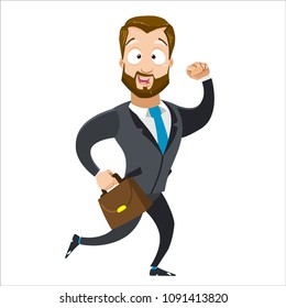 Vector cartoon illustration of bearded businessman character running. Vector illustration in cartoon flat style, isolated on a white background.
