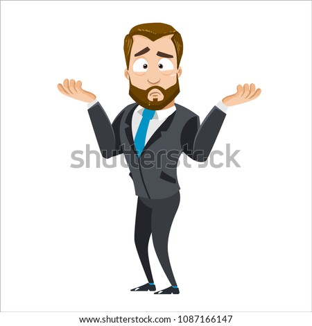 Vector cartoon illustration of bearded businessman character gesture oops, sorry or I do not know. Vector illustration in cartoon flat style, isolated on a white background.