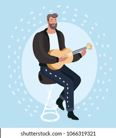 Vector cartoon illustration of bearded man playing guitar and sings a song.