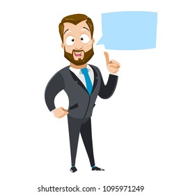 Vector cartoon illustration of bearded strong businessman character speaks a speech bubble. Vector illustration in cartoon flat style, isolated on a white background.