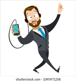 Vector cartoon illustration of bearded strong businessman character dancing listening music on your phone through headphones. Vector illustration in cartoon flat style, isolated on a white background