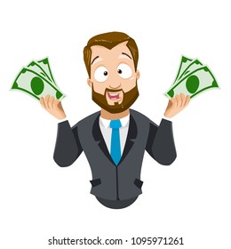 Vector cartoon illustration of bearded strong businessman character with banknotes of money in his hands. Vector illustration in cartoon flat style, isolated on a white background