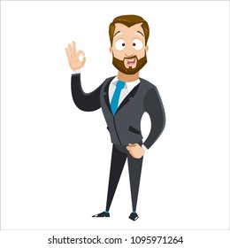 Vector cartoon illustration of bearded strong businessman character showing a gesture Okay. Vector illustration in cartoon flat style, isolated on a white background.
