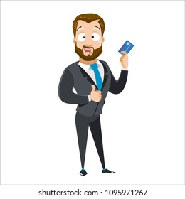 Vector cartoon illustration of bearded strong businessman character holds a credit card in his hand. Vector illustration in cartoon flat style, isolated on a white background