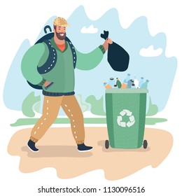 Vector cartoon illustration of bearded young man with rubbish bag going throw into the trash on the street.