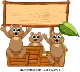 Vector cartoon illustration of bears on a wooden frame banner
