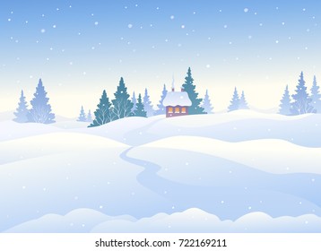 Vector cartoon illustration of a beautiful Christmas landscape, snowy winter day background