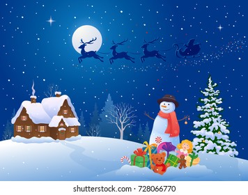 Dibujo vectorial de un hermoso paisaje de la noche de Navidad con Santa trineos y un muñeco de nieve