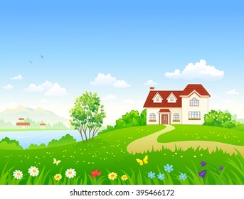 Vector cartoon illustration of a beautiful country home and garden