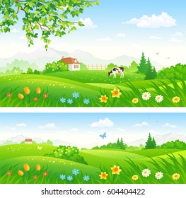 Vector cartoon illustration of beautiful countryside landscapes with a grazing cow and spring blooming flowers and grass, panoramic banners