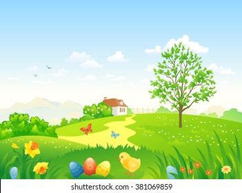 Vector cartoon illustration of a beautiful Easter country scenery