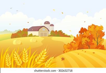 Vector Cartoon Illustration Of A Beautiful Fall Farm Scene With Wheat Fields And Barns