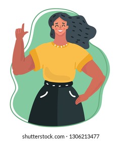 Vector cartoon illustration of Beautiful girl or young woman with index finger up.