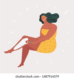 Vector cartoon illustration of Beautiful girl in bathrobe is shaving her legs. Spa, depilation and body care concept. Female character on white background.