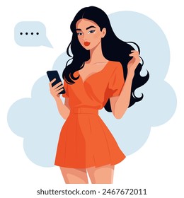 Vector cartoon illustration of a beautiful girl in a stylish summer dress with long black hair and a modern smartphone in her hand.