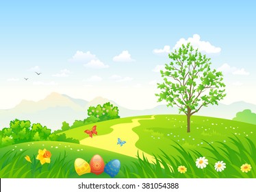 Vector cartoon illustration of a beautiful green Easter landscape